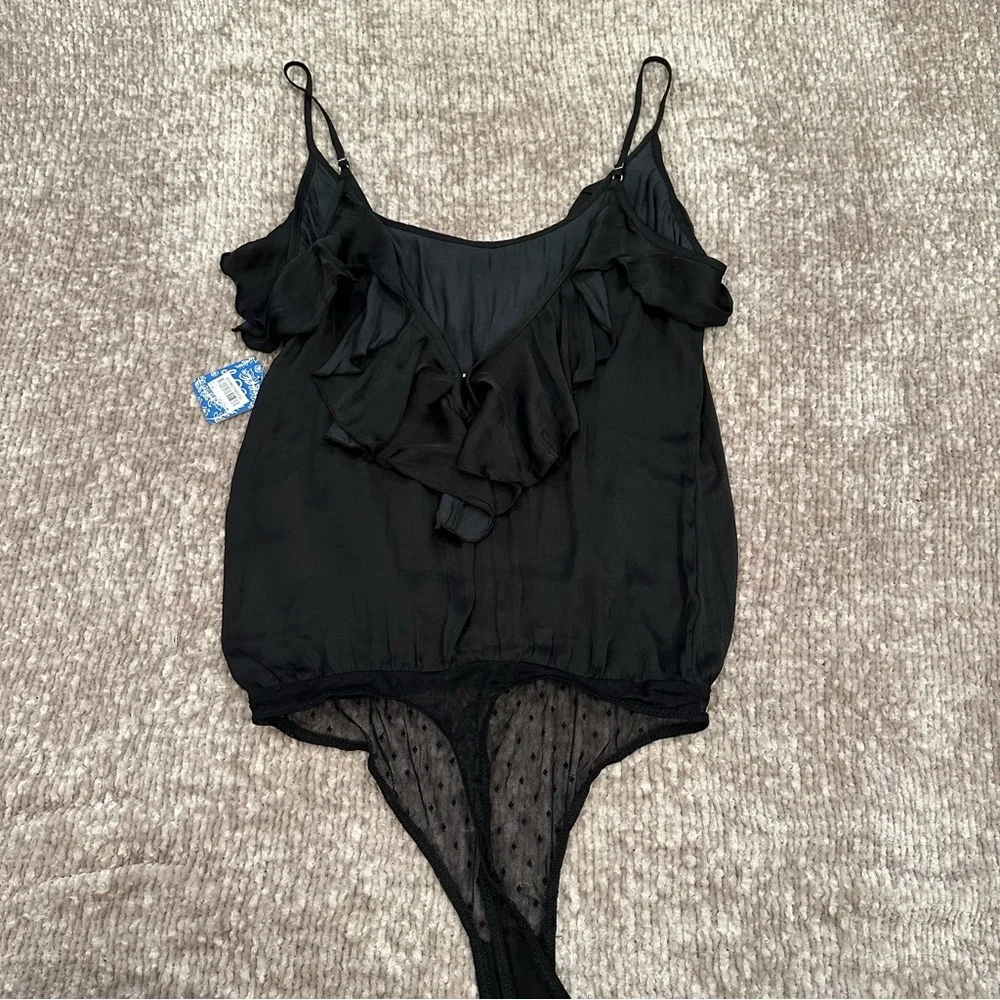 Free People Not Tired Black Satin Bodysuit